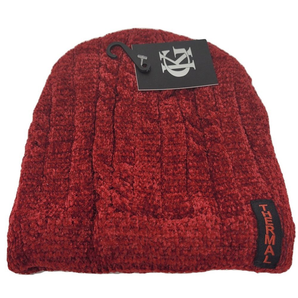 Women's Winter Thermal Fleece Knit Lined Beanie Hat, Dark Red